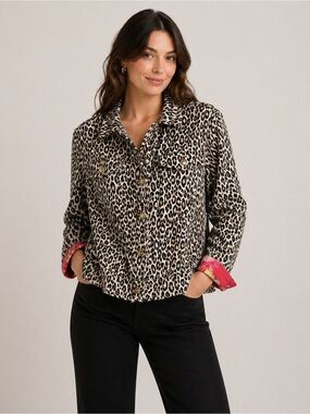 Leopard Print Cropped Jacket w/ Floral Contrast Trim Boho One Size
